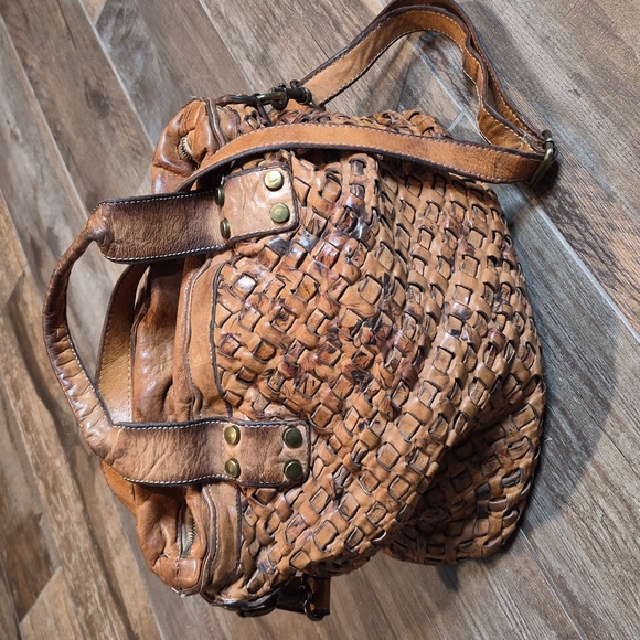 Langellotti Handbags - Langellotti Woven Leather Floral Detail Zip Closure Satchel Crossbody Hobo Bag